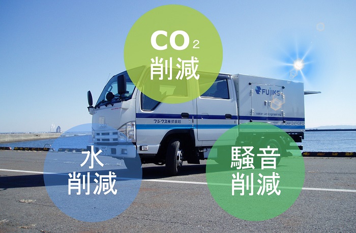 低CO2高圧洗浄車による環境配慮型排水管洗浄